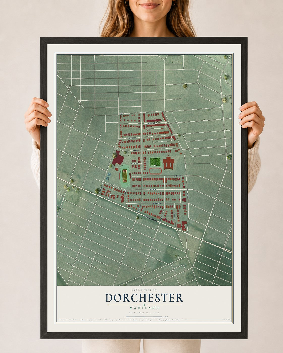 Map of Dorchester, Maryland, 24 x 36 inch print in a black wood frame
