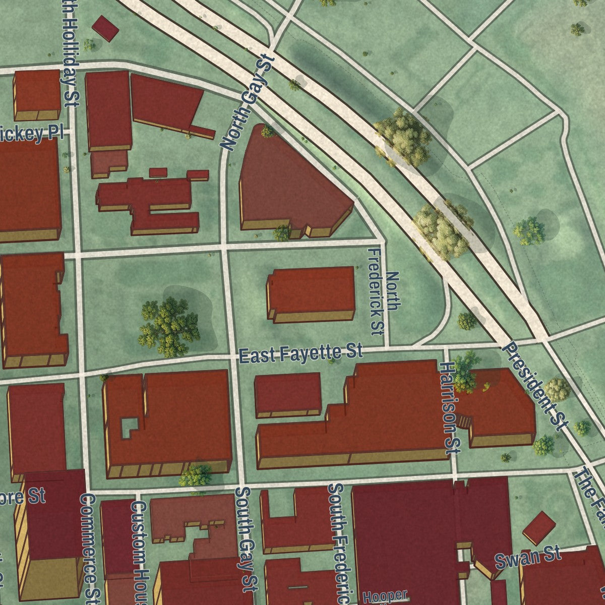 Close-up of the map of Downtown, Maryland print showing street and building detail