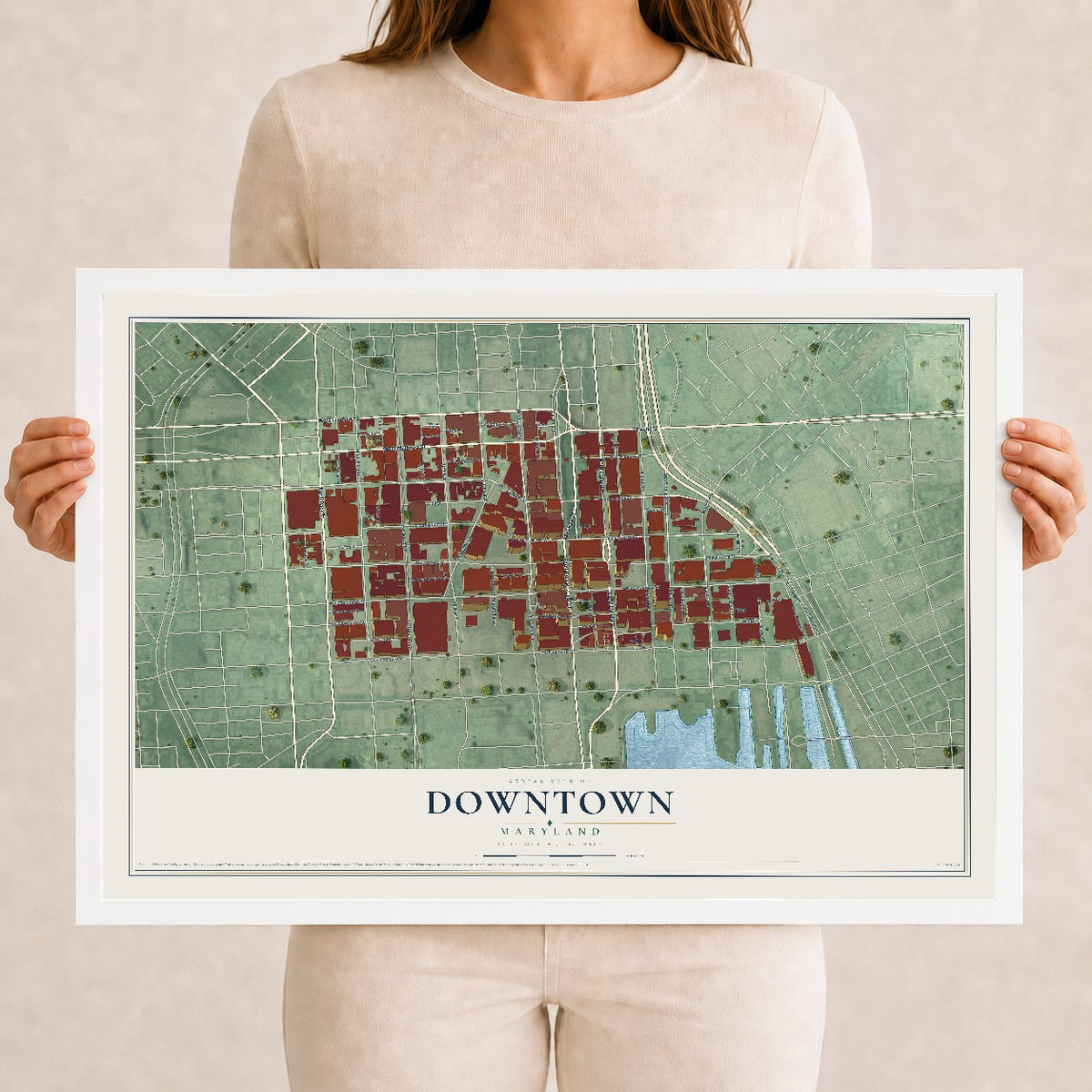 Map of Downtown, Maryland, 12 x 18 inch print in a white wood frame