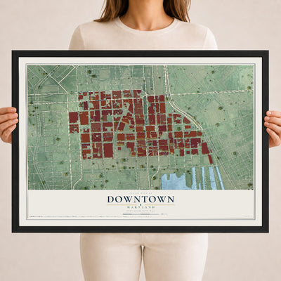 Map of Downtown, Maryland, 18 x 24 inch print in a black wood frame