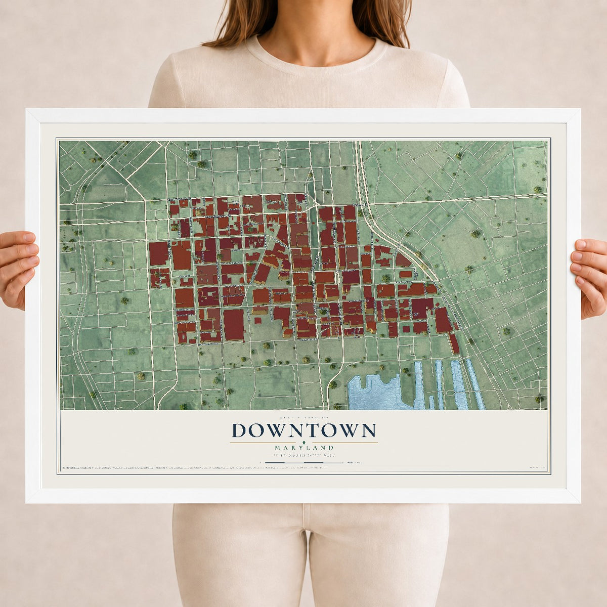 Map of Downtown, Maryland, 18 x 24 inch print in a white wood frame