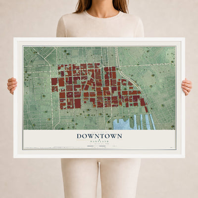 Map of Downtown, Maryland, 24 x 36 inch print in a white wood frame