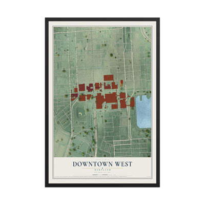 Map of Downtown West, Maryland, 12 x 18 inch print in a black wood frame