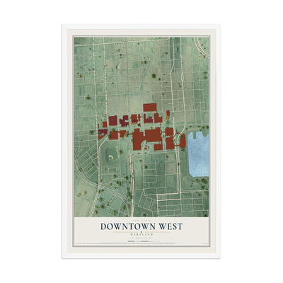 Map of Downtown West, Maryland, 12 x 18 inch print in a white wood frame