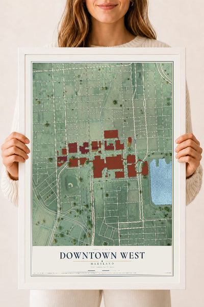 Map of Downtown West, Maryland, 18 x 24 inch print in a white wood frame