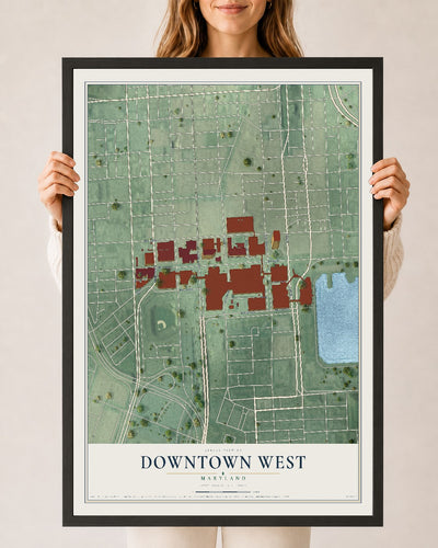 Map of Downtown West, Maryland, 24 x 36 inch print in a black wood frame