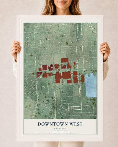 Map of Downtown West, Maryland, 24 x 36 inch print in a white wood frame