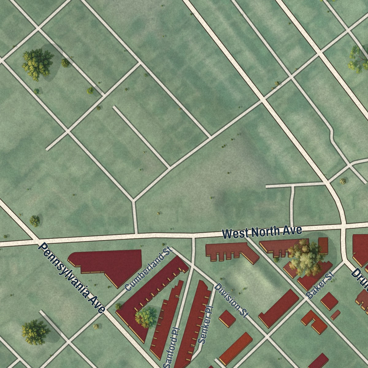 Second close-up of the map of Druid Heights, Maryland print showing more streets and buildings