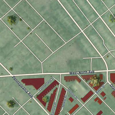 Second close-up of the map of Druid Heights, Maryland print showing more streets and buildings