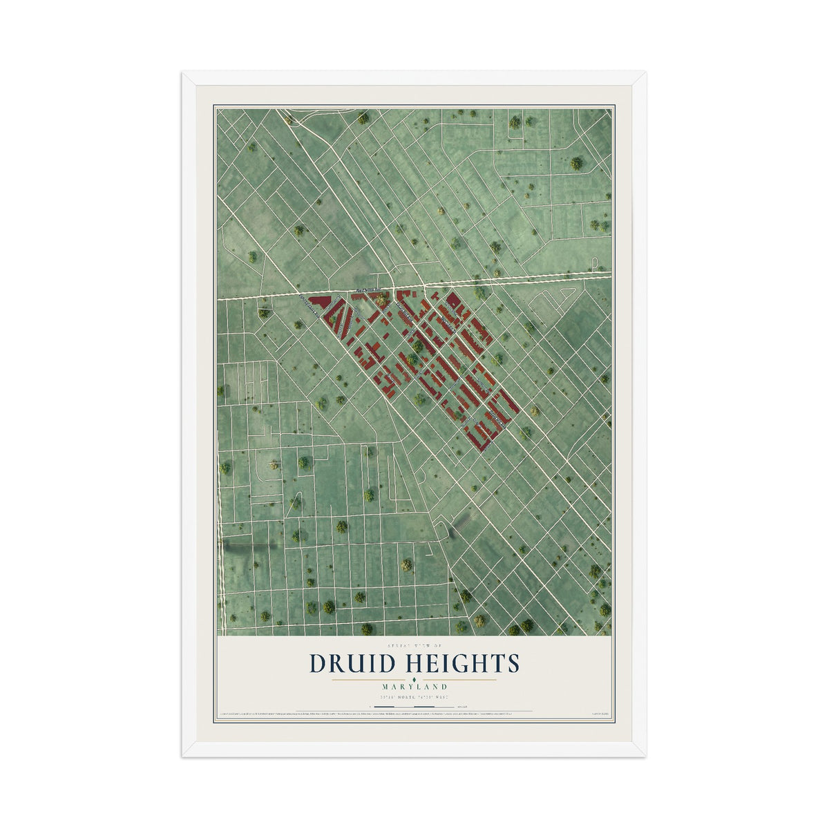 Map of Druid Heights, Maryland, 12 x 18 inch print in a white wood frame