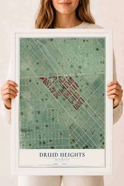 Map of Druid Heights, Maryland, 18 x 24 inch print in a white wood frame