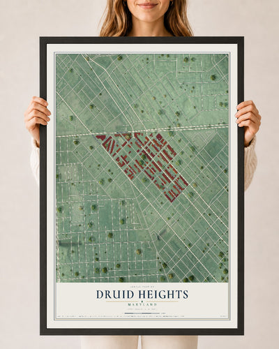 Map of Druid Heights, Maryland, 24 x 36 inch print in a black wood frame