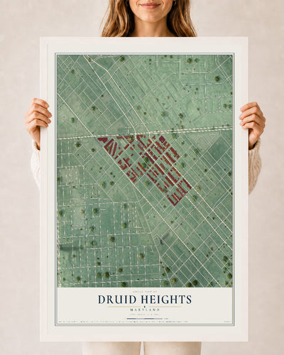 Map of Druid Heights, Maryland, 24 x 36 inch print in a white wood frame
