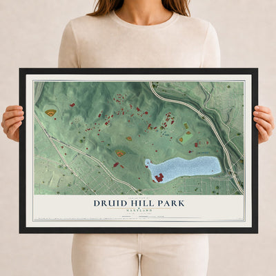 Map of Druid Hill Park, Maryland, 12 x 18 inch print in a black wood frame
