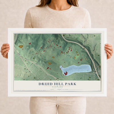 Map of Druid Hill Park, Maryland, 12 x 18 inch print in a white wood frame