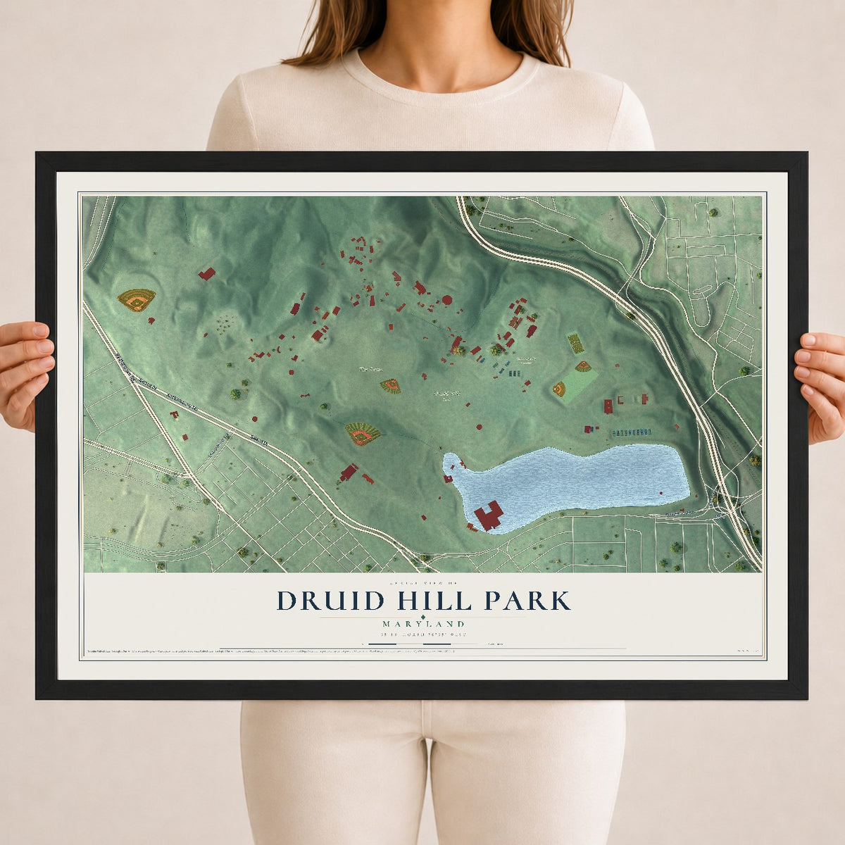 Map of Druid Hill Park, Maryland, 18 x 24 inch print in a black wood frame