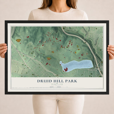 Map of Druid Hill Park, Maryland, 18 x 24 inch print in a black wood frame