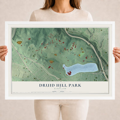 Map of Druid Hill Park, Maryland, 18 x 24 inch print in a white wood frame