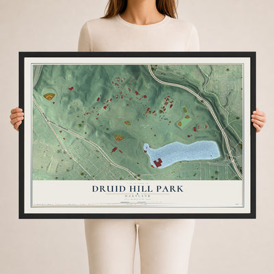 Map of Druid Hill Park, Maryland, 24 x 36 inch print in a black wood frame