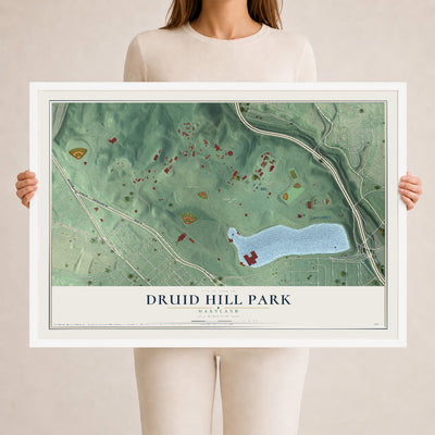 Map of Druid Hill Park, Maryland, 24 x 36 inch print in a white wood frame