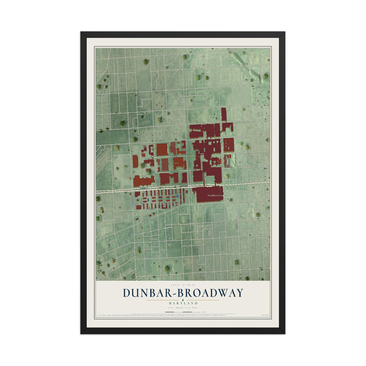 Map of Dunbar-Broadway, Maryland, 12 x 18 inch print in a black wood frame