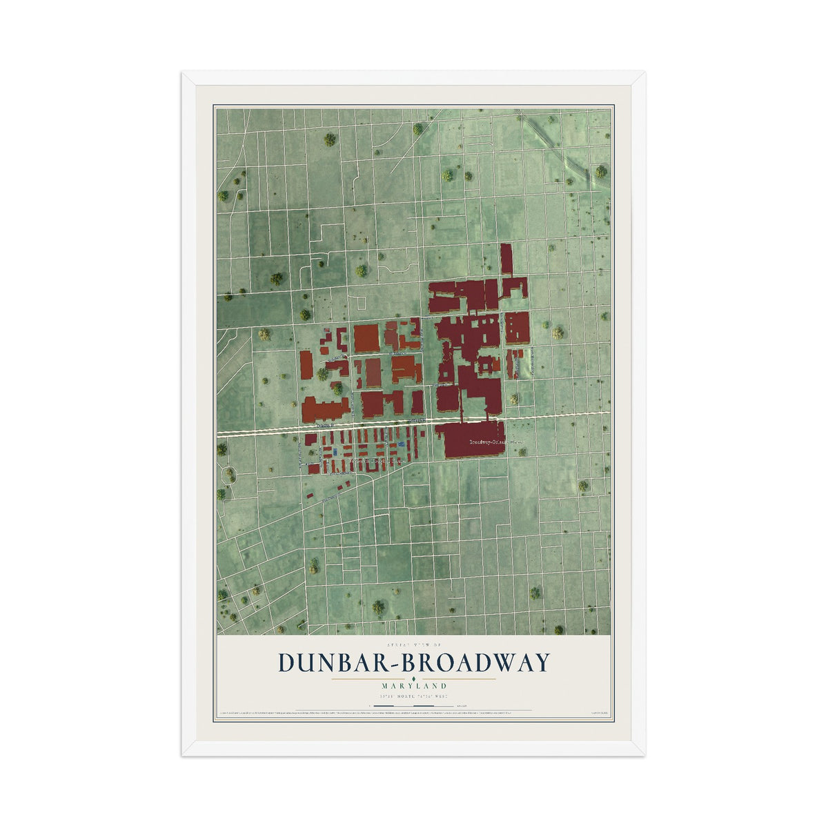 Map of Dunbar-Broadway, Maryland, 12 x 18 inch print in a white wood frame
