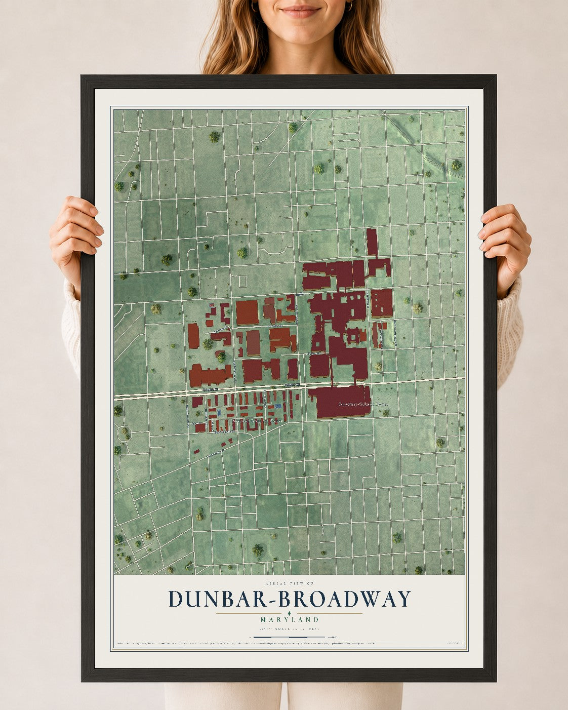 Map of Dunbar-Broadway, Maryland, 24 x 36 inch print in a black wood frame