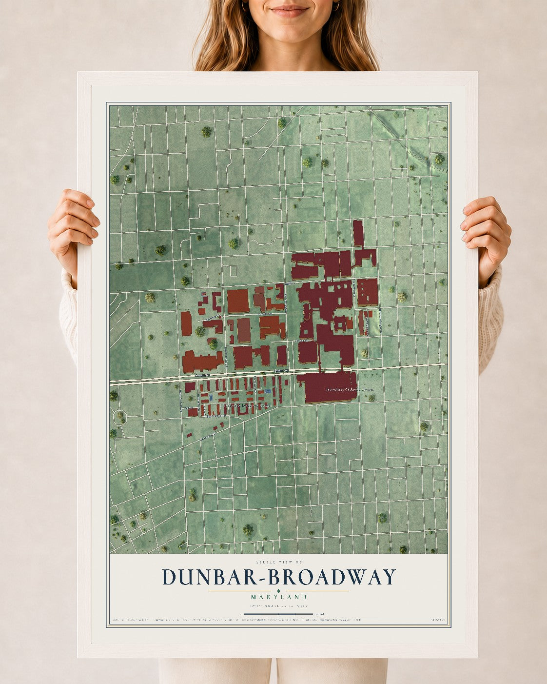Map of Dunbar-Broadway, Maryland, 24 x 36 inch print in a white wood frame