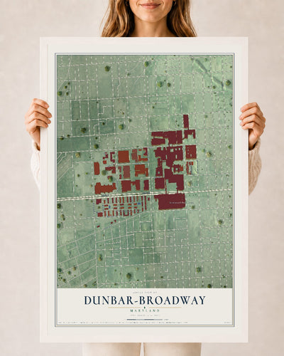 Map of Dunbar-Broadway, Maryland, 24 x 36 inch print in a white wood frame