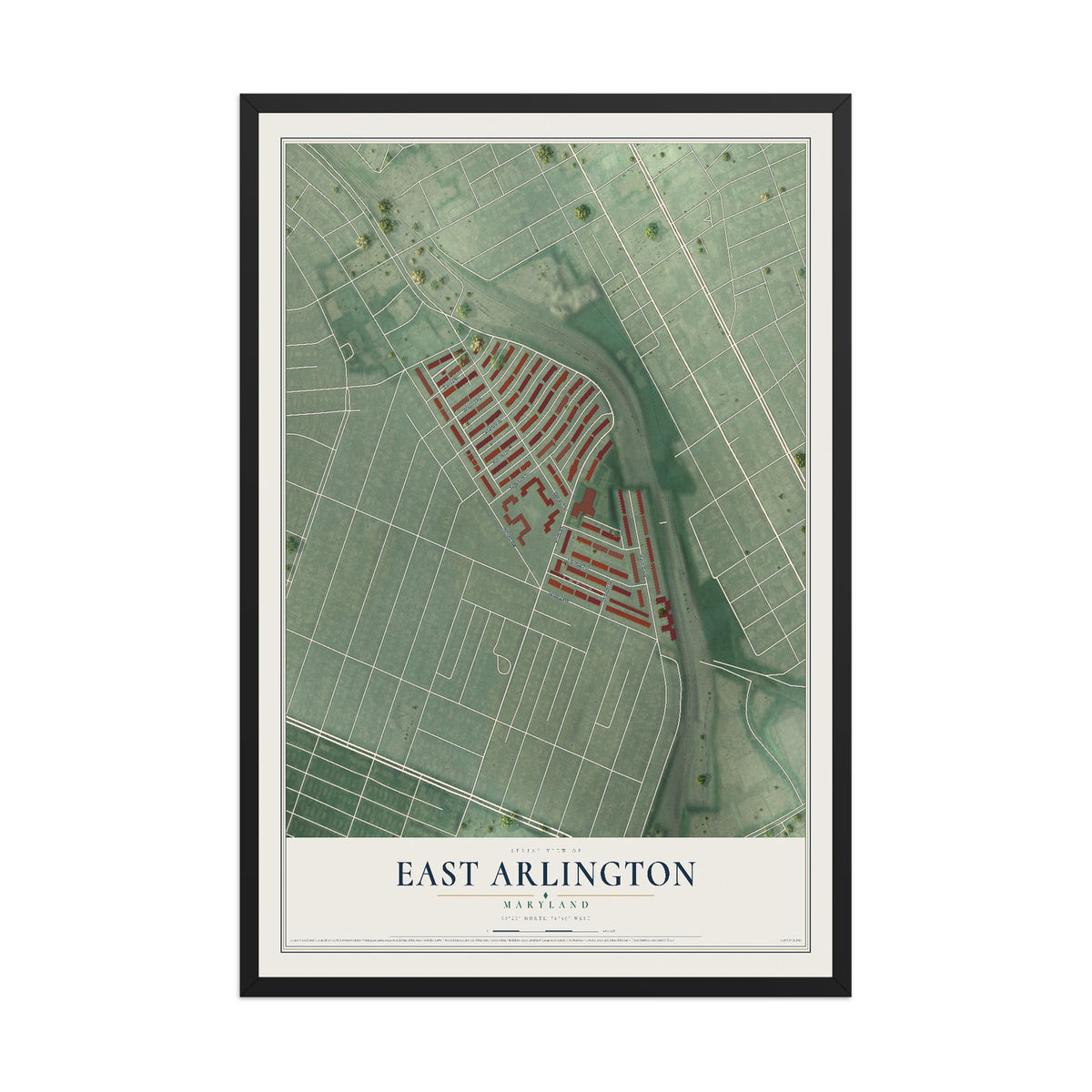 Map of East Arlington, Maryland, 12 x 18 inch print in a black wood frame