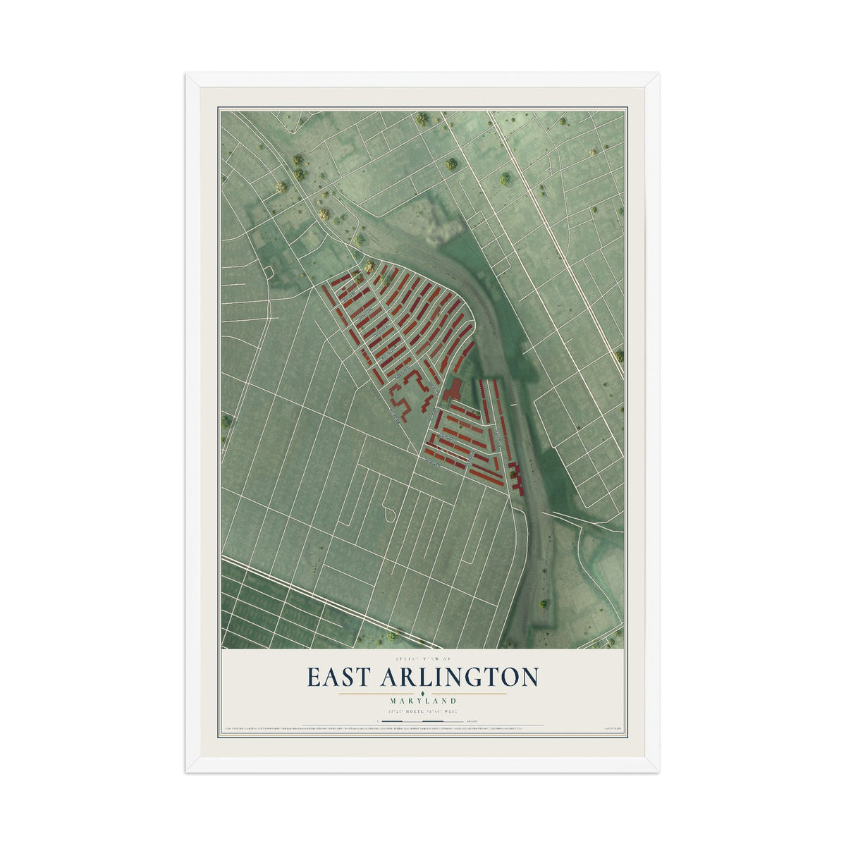 Map of East Arlington, Maryland, 12 x 18 inch print in a white wood frame