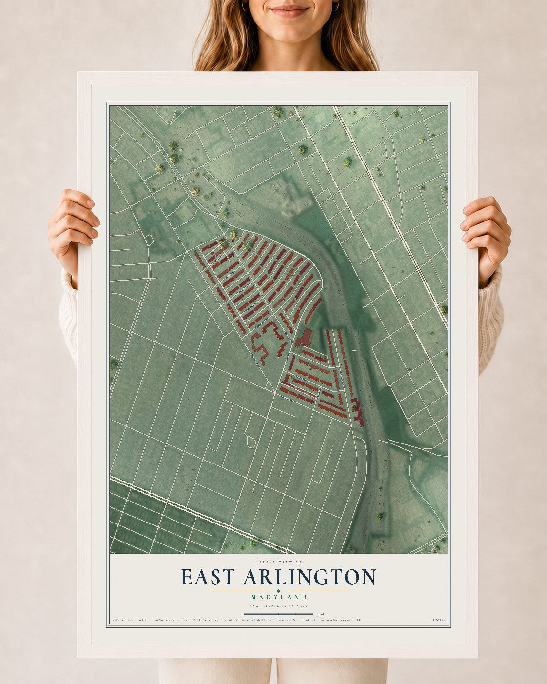 Map of East Arlington, Maryland, 24 x 36 inch print in a white wood frame