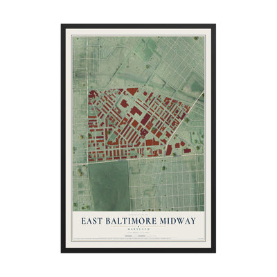 Map of East Baltimore Midway, Maryland, 12 x 18 inch print in a black wood frame