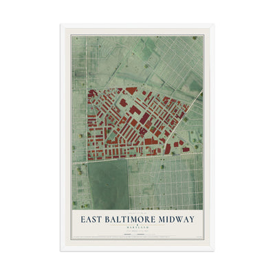 Map of East Baltimore Midway, Maryland, 12 x 18 inch print in a white wood frame