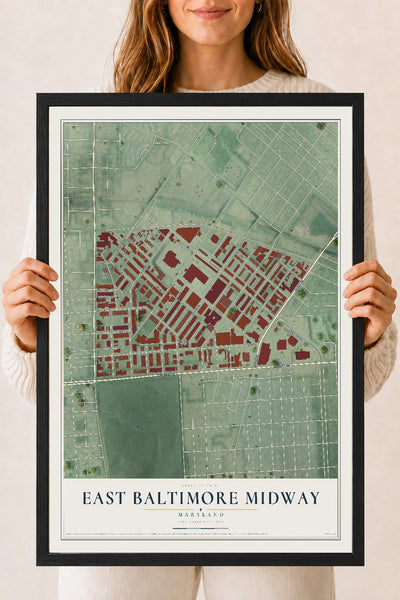 Map of East Baltimore Midway, Maryland, 18 x 24 inch print in a black wood frame