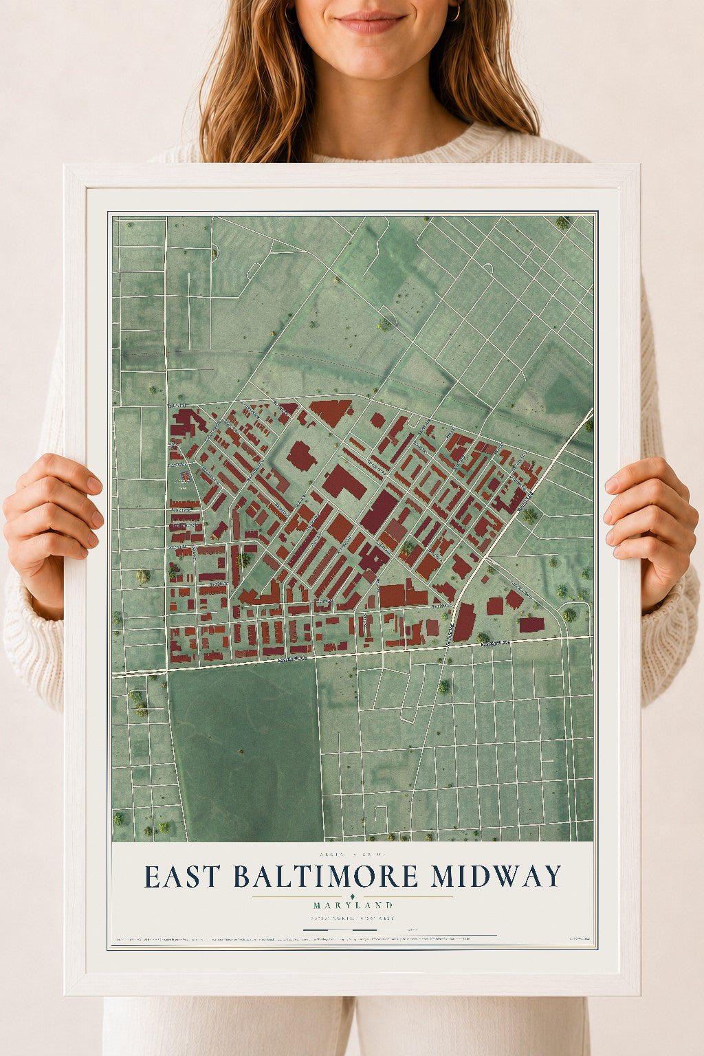 Map of East Baltimore Midway, Maryland, 18 x 24 inch print in a white wood frame