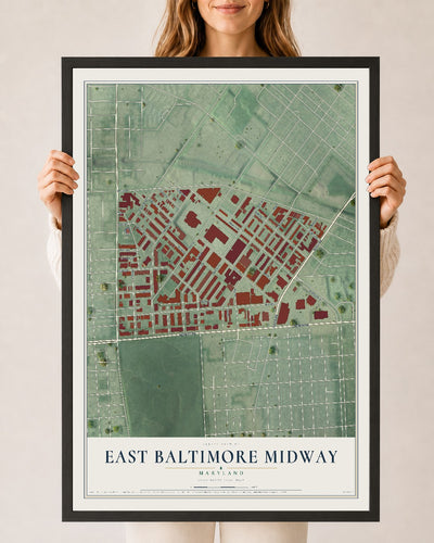 Map of East Baltimore Midway, Maryland, 24 x 36 inch print in a black wood frame