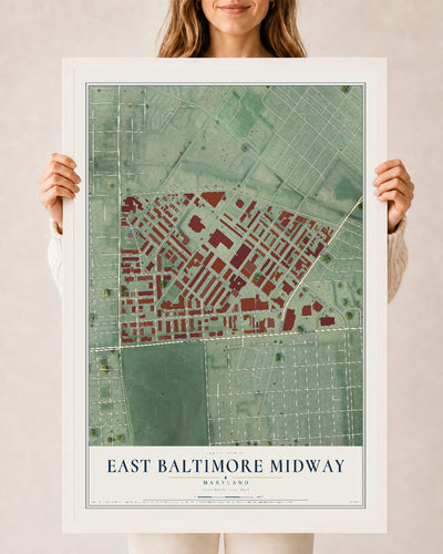Map of East Baltimore Midway, Maryland, 24 x 36 inch print in a white wood frame