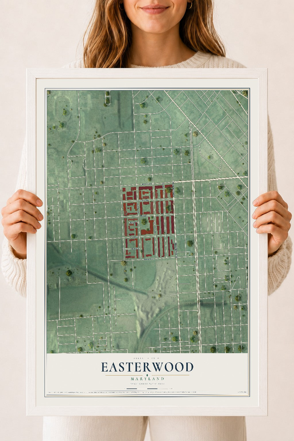 Map of Easterwood, Maryland, 18 x 24 inch print in a white wood frame