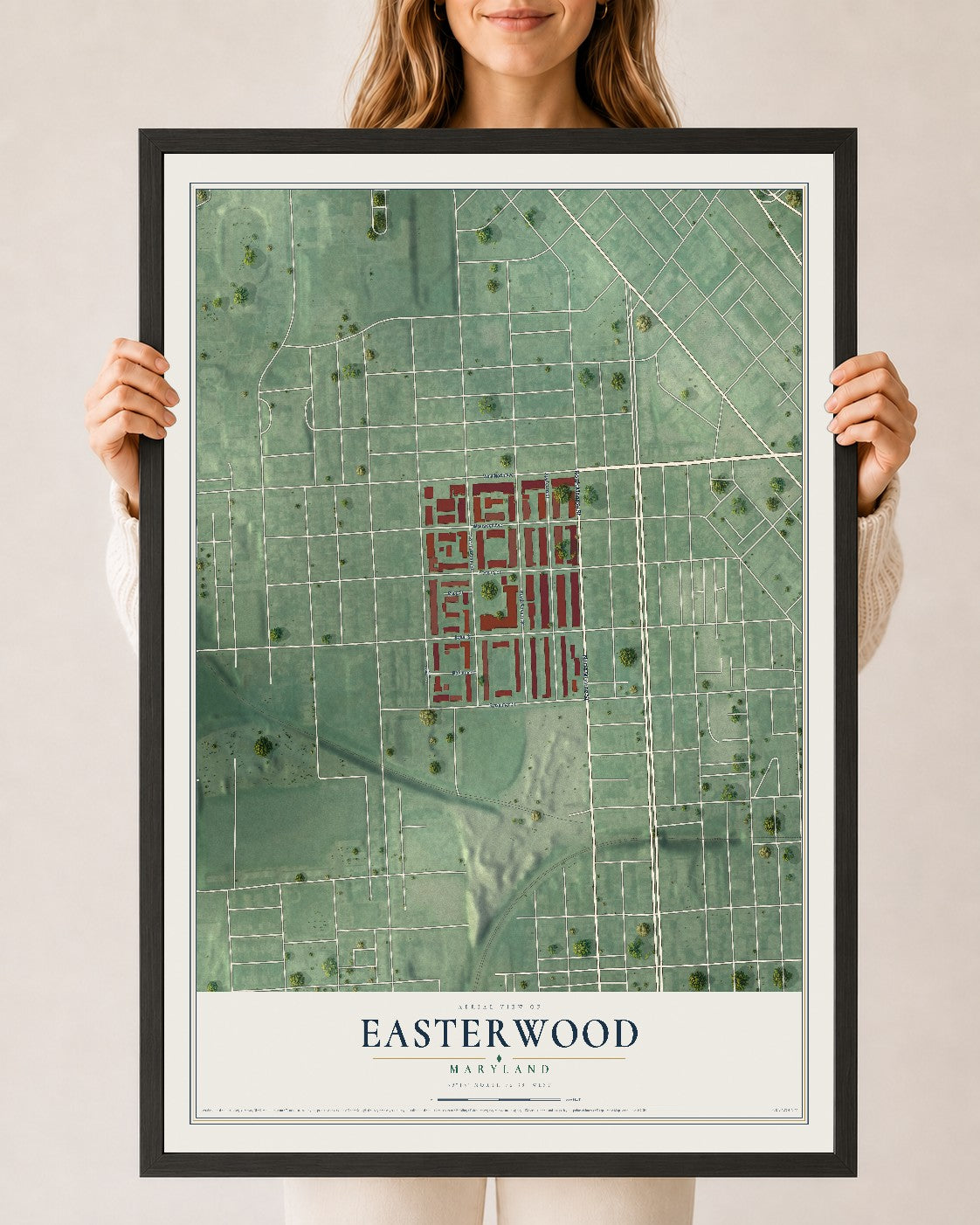 Map of Easterwood, Maryland, 24 x 36 inch print in a black wood frame