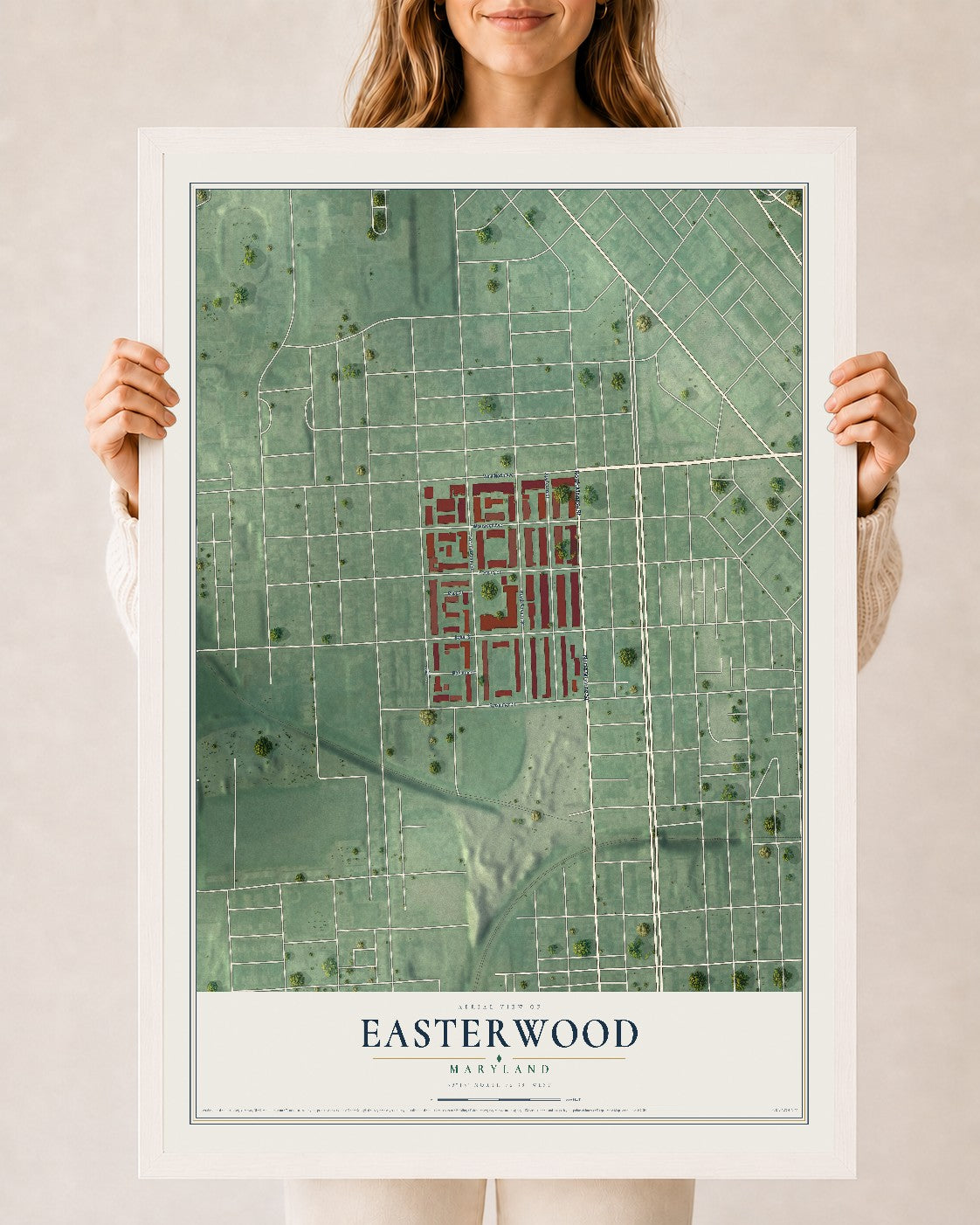 Map of Easterwood, Maryland, 24 x 36 inch print in a white wood frame