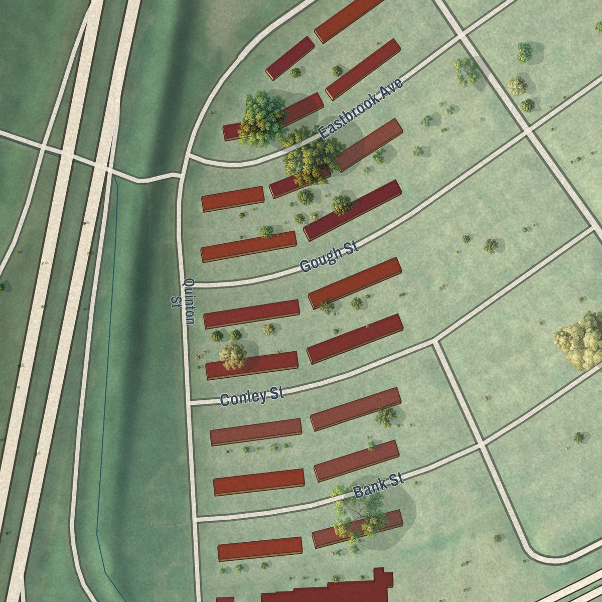 Close-up of the map of Eastwood, Maryland print showing street and building detail