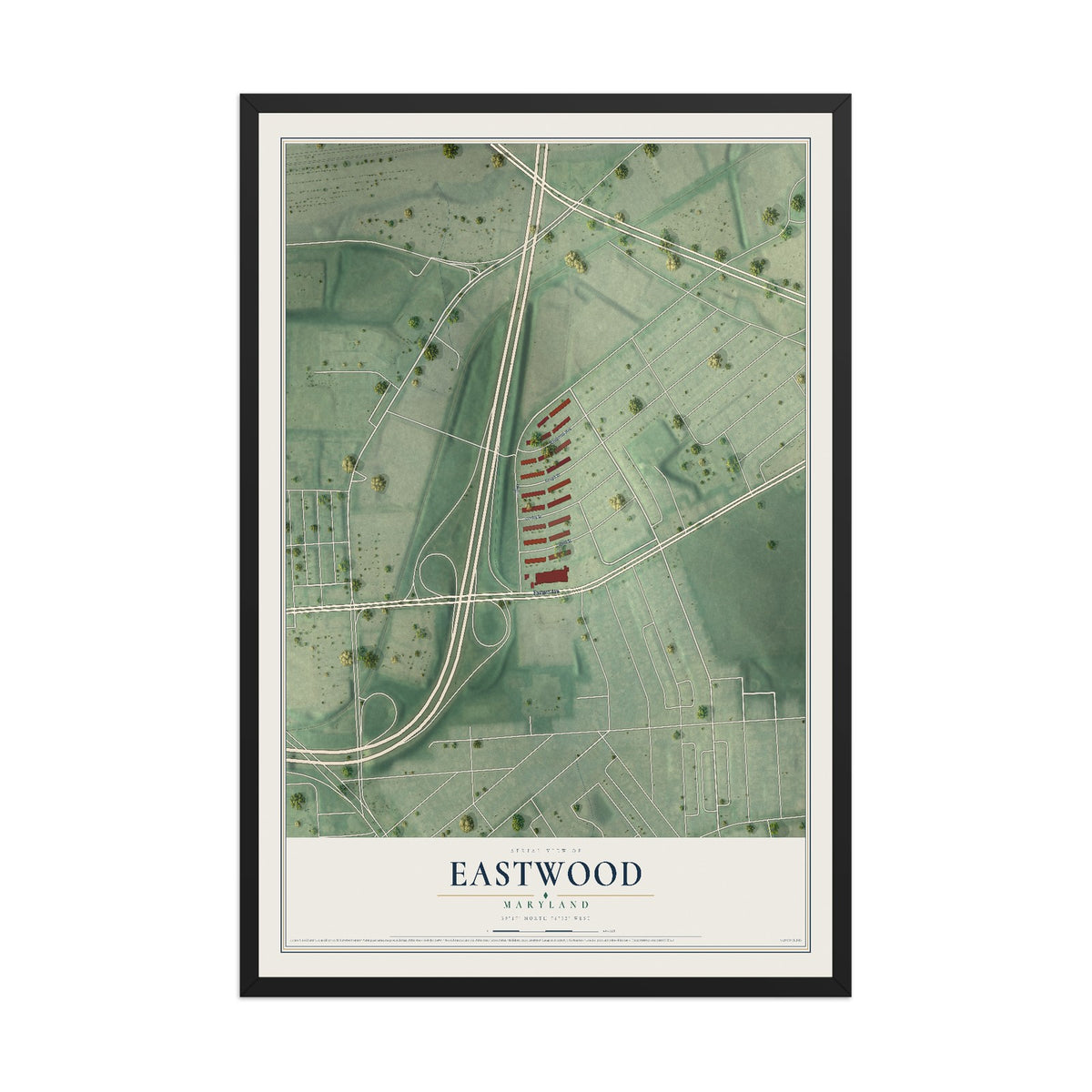 Map of Eastwood, Maryland, 12 x 18 inch print in a black wood frame