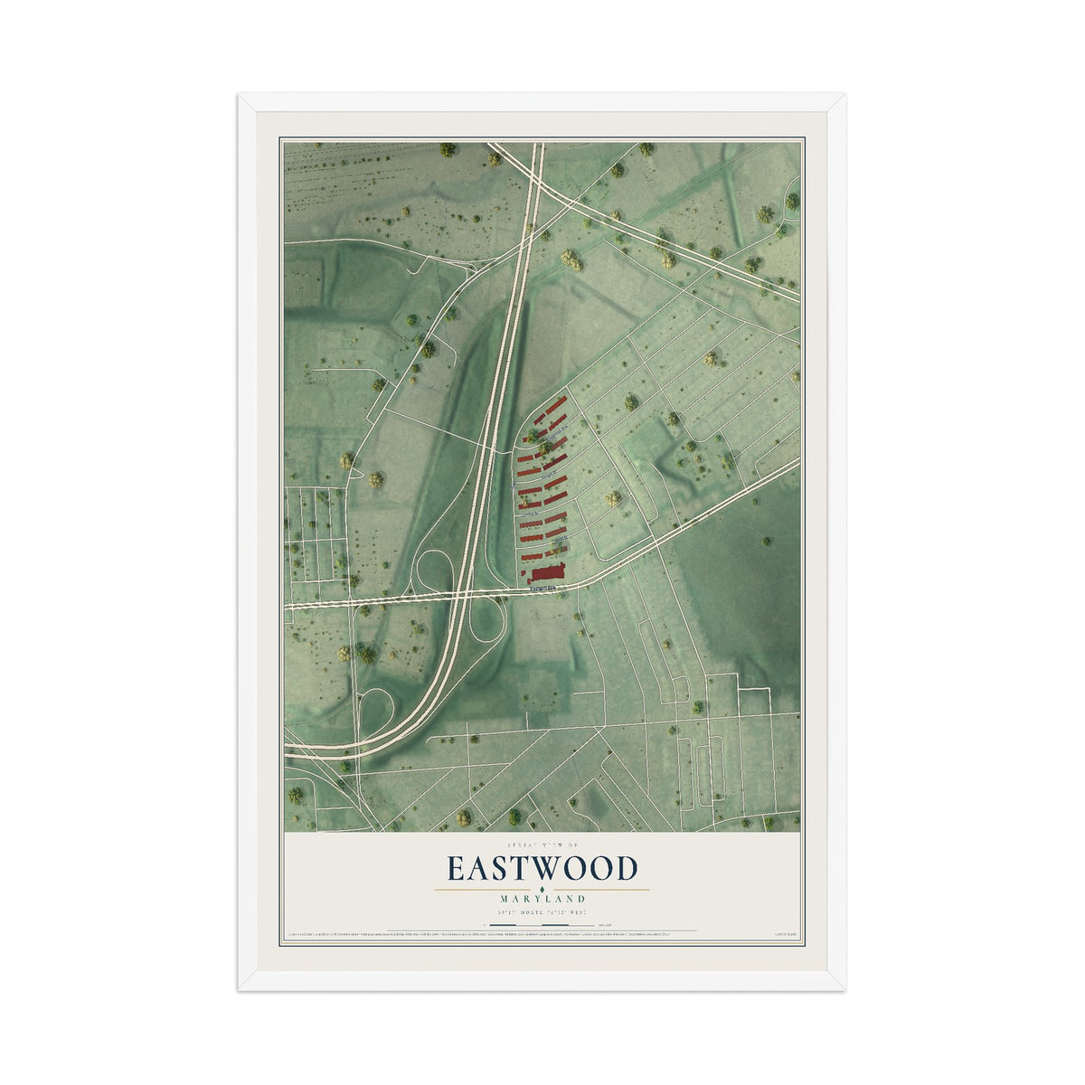 Map of Eastwood, Maryland, 12 x 18 inch print in a white wood frame