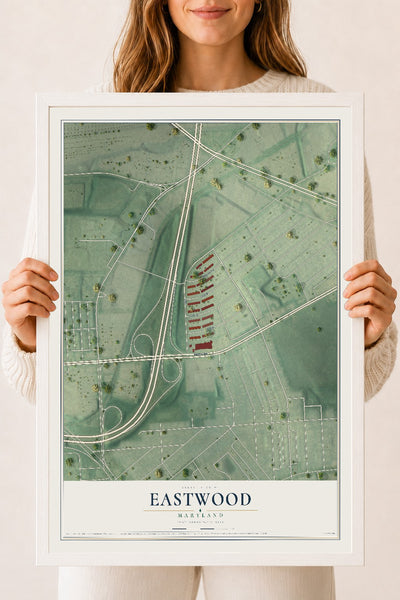 Map of Eastwood, Maryland, 18 x 24 inch print in a white wood frame