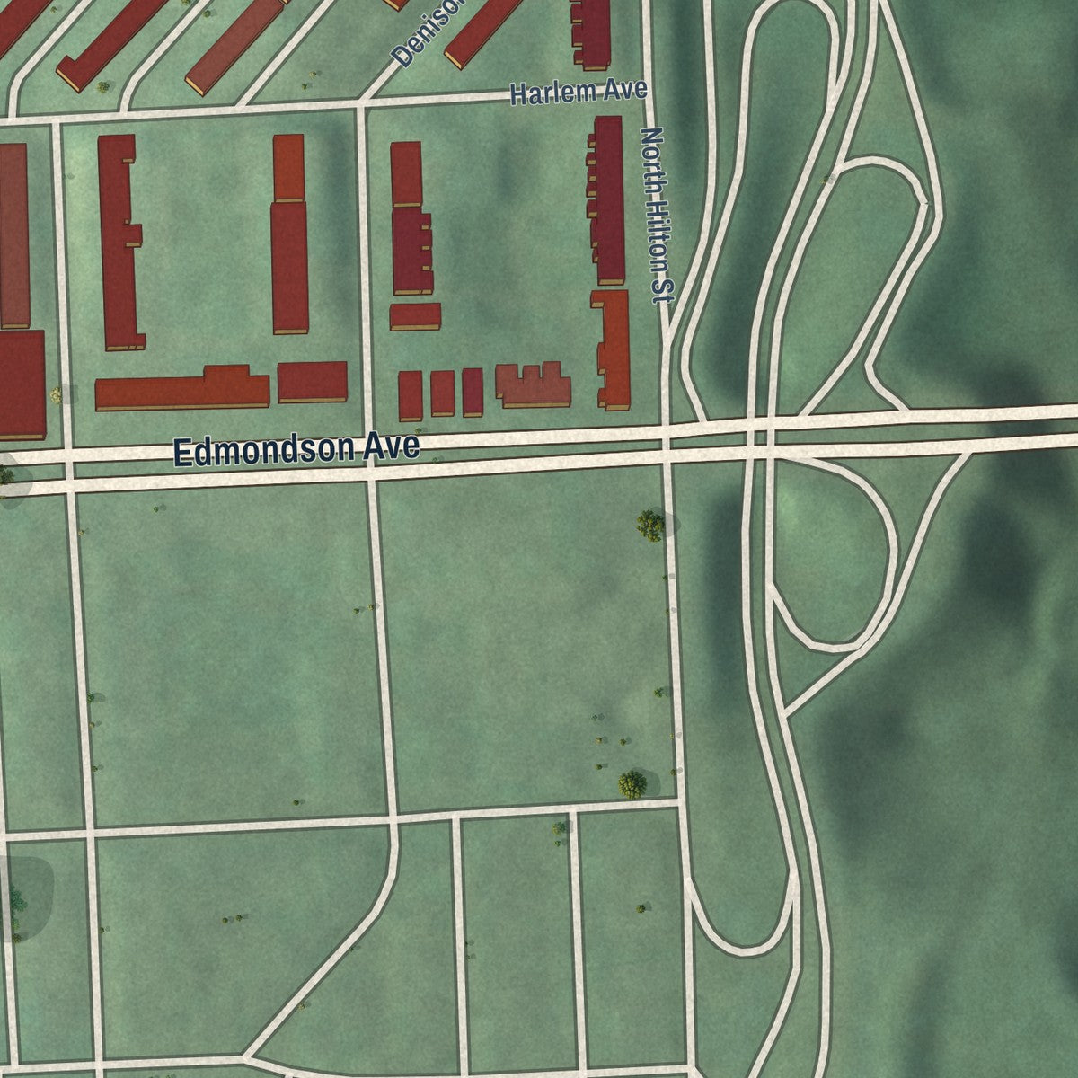 Second close-up of the map of Edgewood, Maryland print showing more streets and buildings
