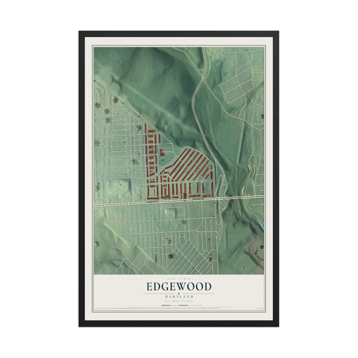 Map of Edgewood, Maryland, 12 x 18 inch print in a black wood frame