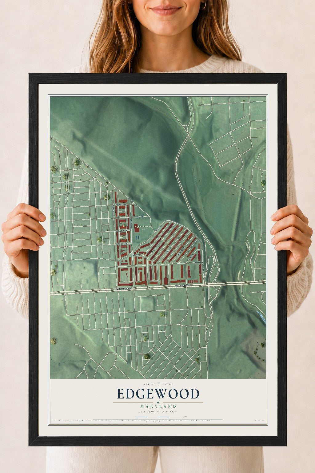 Map of Edgewood, Maryland, 18 x 24 inch print in a black wood frame