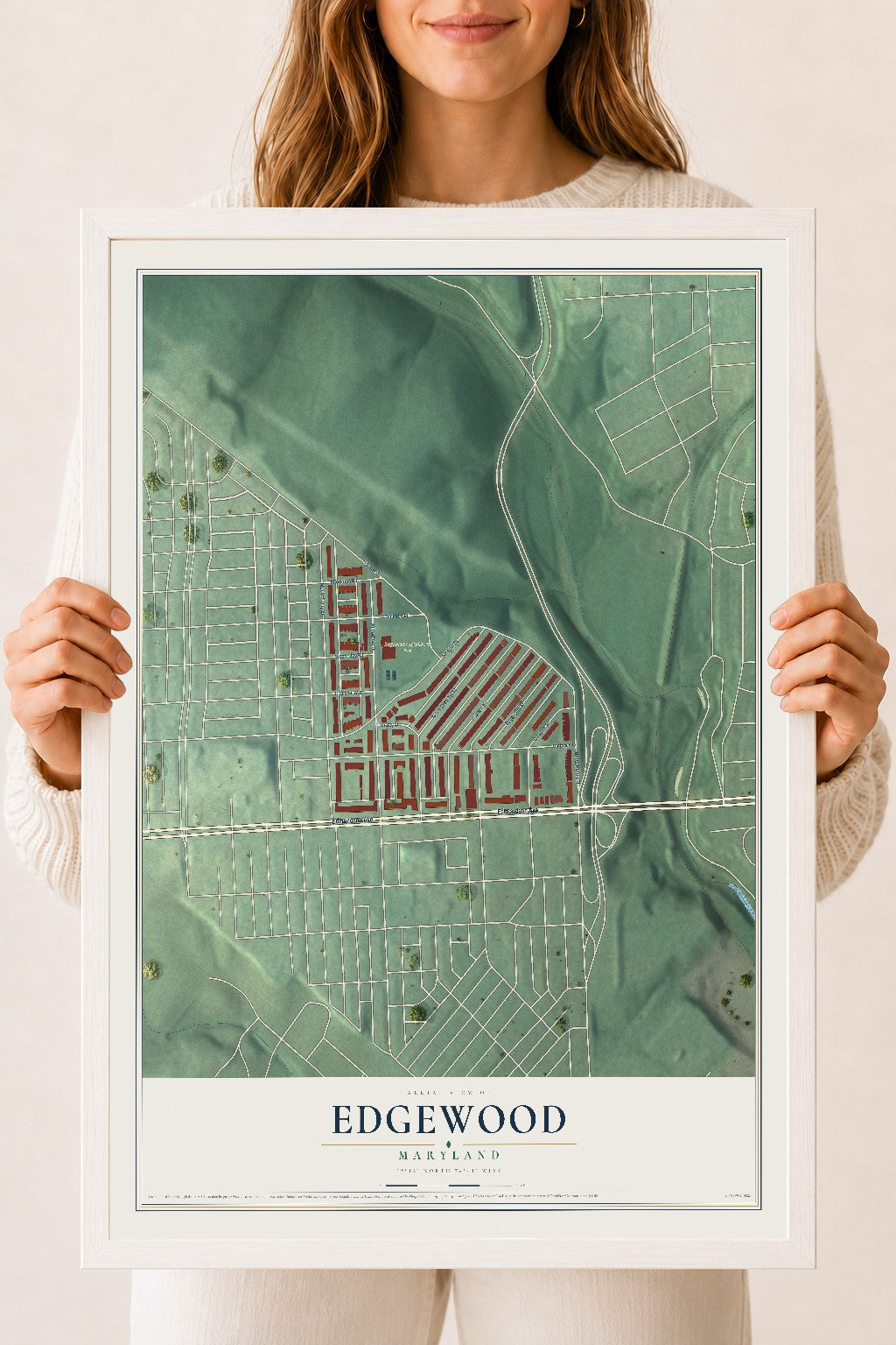 Map of Edgewood, Maryland, 18 x 24 inch print in a white wood frame