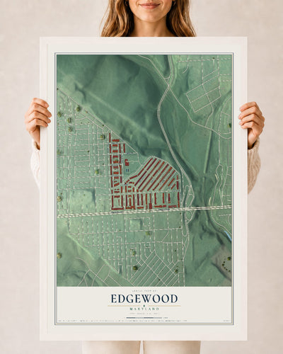 Map of Edgewood, Maryland, 24 x 36 inch print in a white wood frame